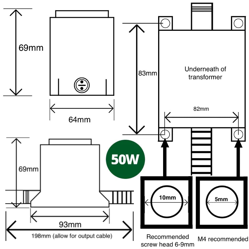 12v AC Waterproof Transformer (Various Wattages) - Open-ended Output Cable
