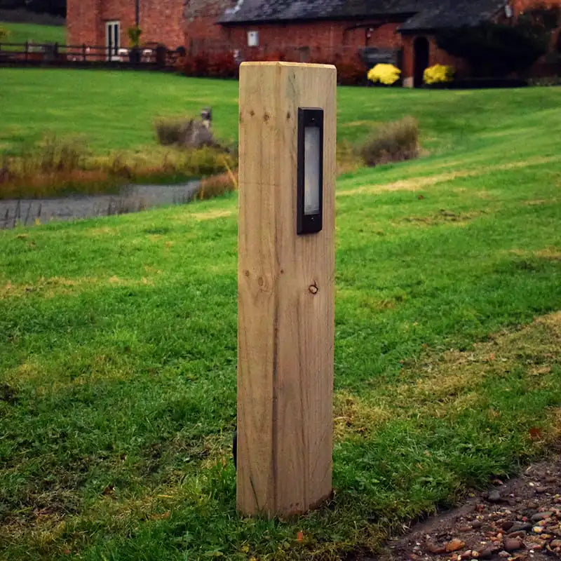 Radiata - Timber Pine Sleeper Bollard with 240v Frosted Brass LED Light