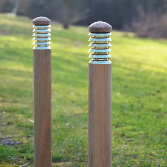 Tectona - Natural Teak Wooden Bollard Light with Brass Louvres